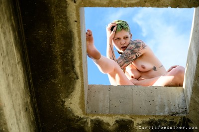 Window / Nude / naked,nude,girl,model,woman,barefoot,sole,nipple,breast,topless,tattoo,blond,sky,ruins,clouds,attitude