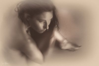 Naked woman sitting on th floor in Sepia / Fine Art  photography by Photographer Sharon Yanai | STRKNG
